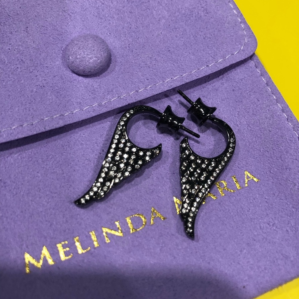 Melinda Maria Gunmetal Wing Hoop Earrings with Crystal Accents - Picture 7 of 7